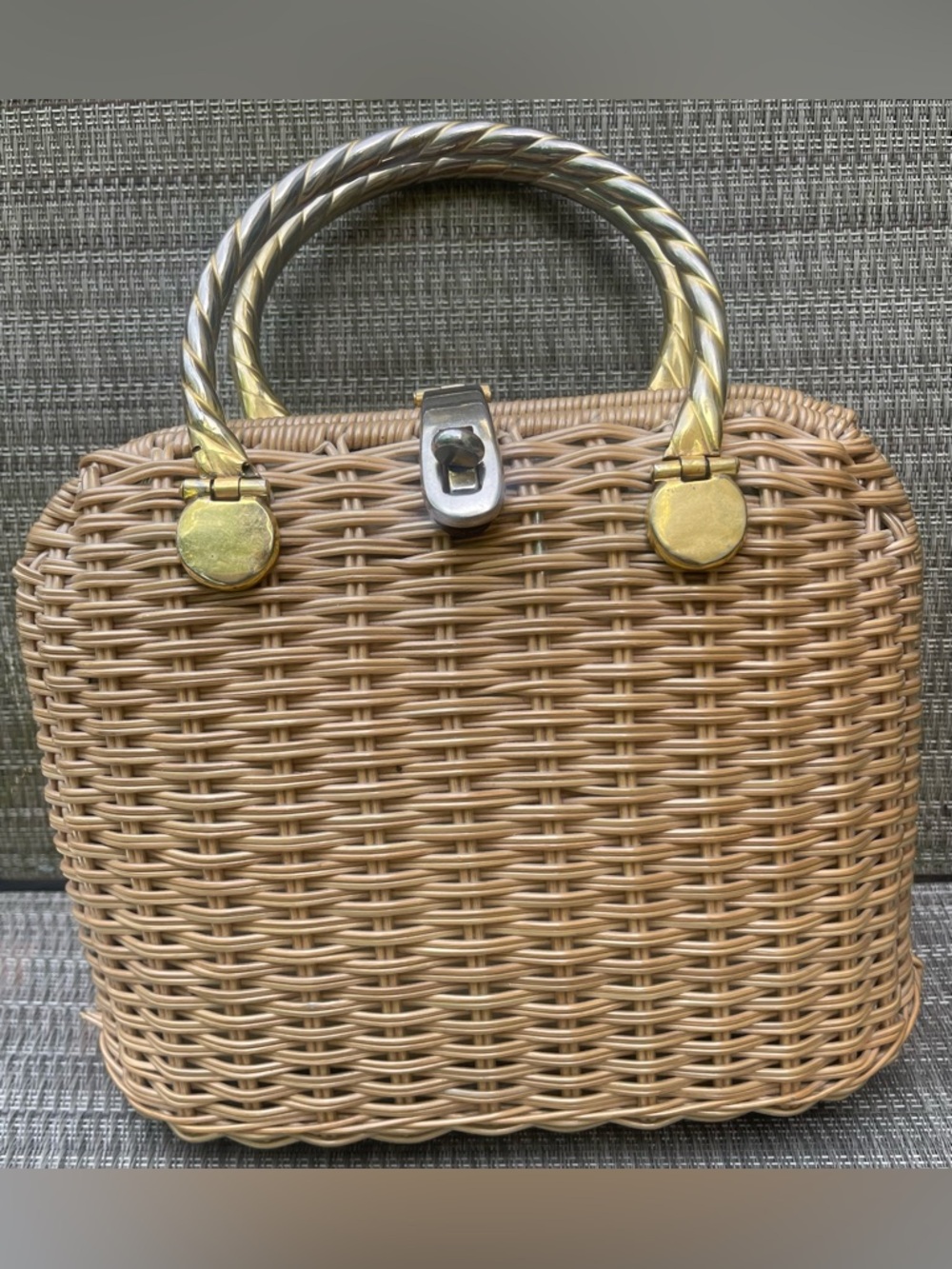 Woven Straw Tote Bag with Gold & Silver Twist Handles